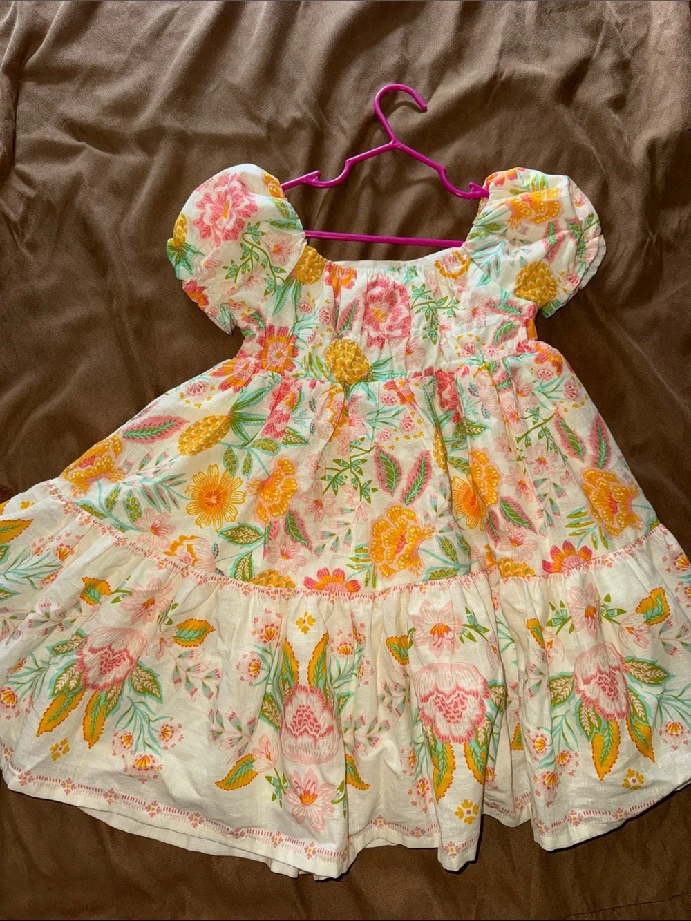 Rachel Zoe White Floral Puff-Sleeve Dress with Yellow & Pink Accents